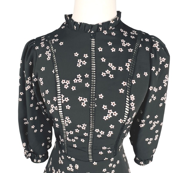 ASOS Design Mini Dress Star Print Ladder Ruffle Trim 1/2 Sleeve Mock Neck Size 2 - Picture 3 of 11